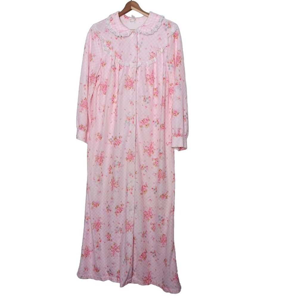 Vintage Philmaid Robe Large House Coat Pink Gingham Floral Lace Snap Maxi Granny